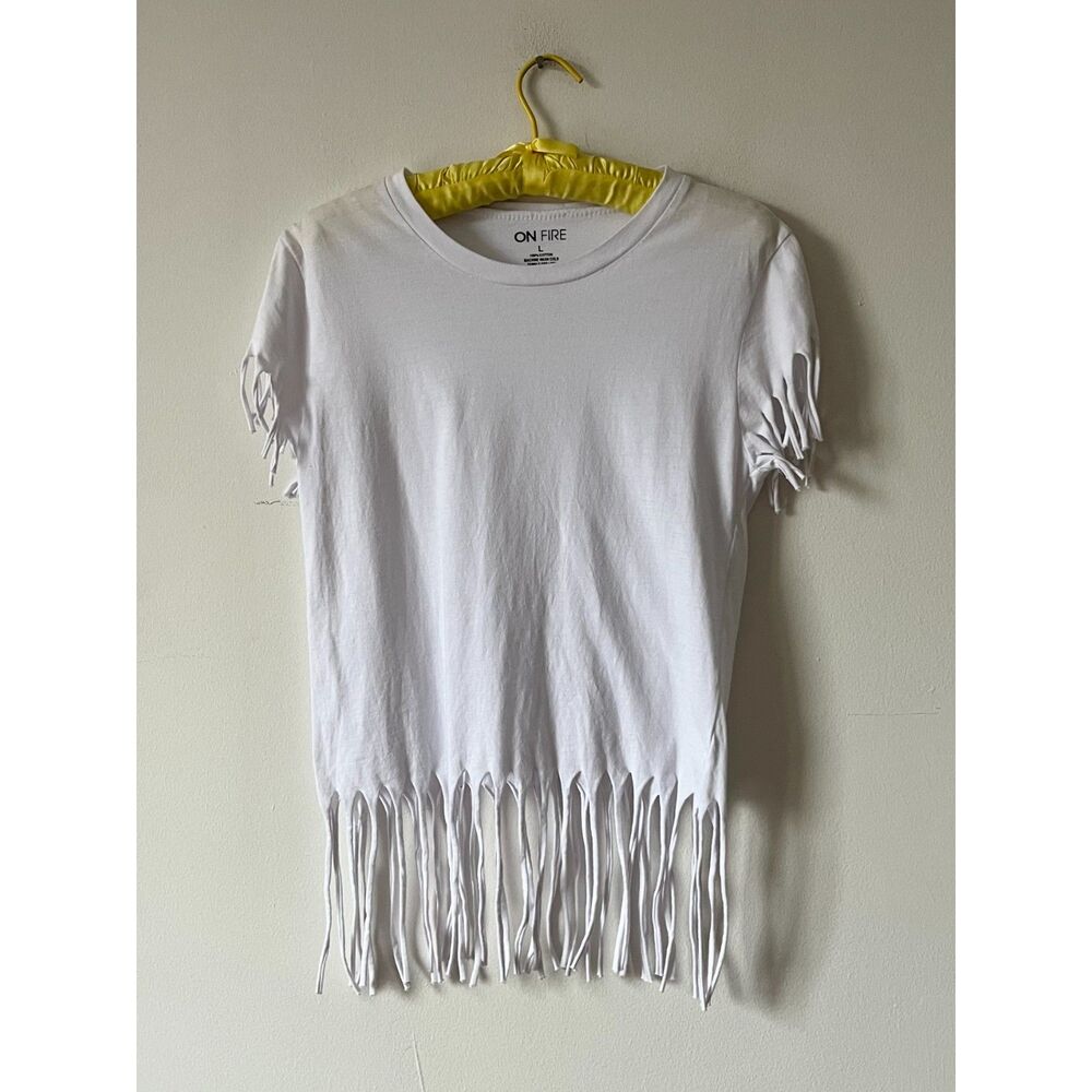 Womens White Fringe Trim Cap Sleeve T-shirt 100% Cotton Festival Indie Sleaze L